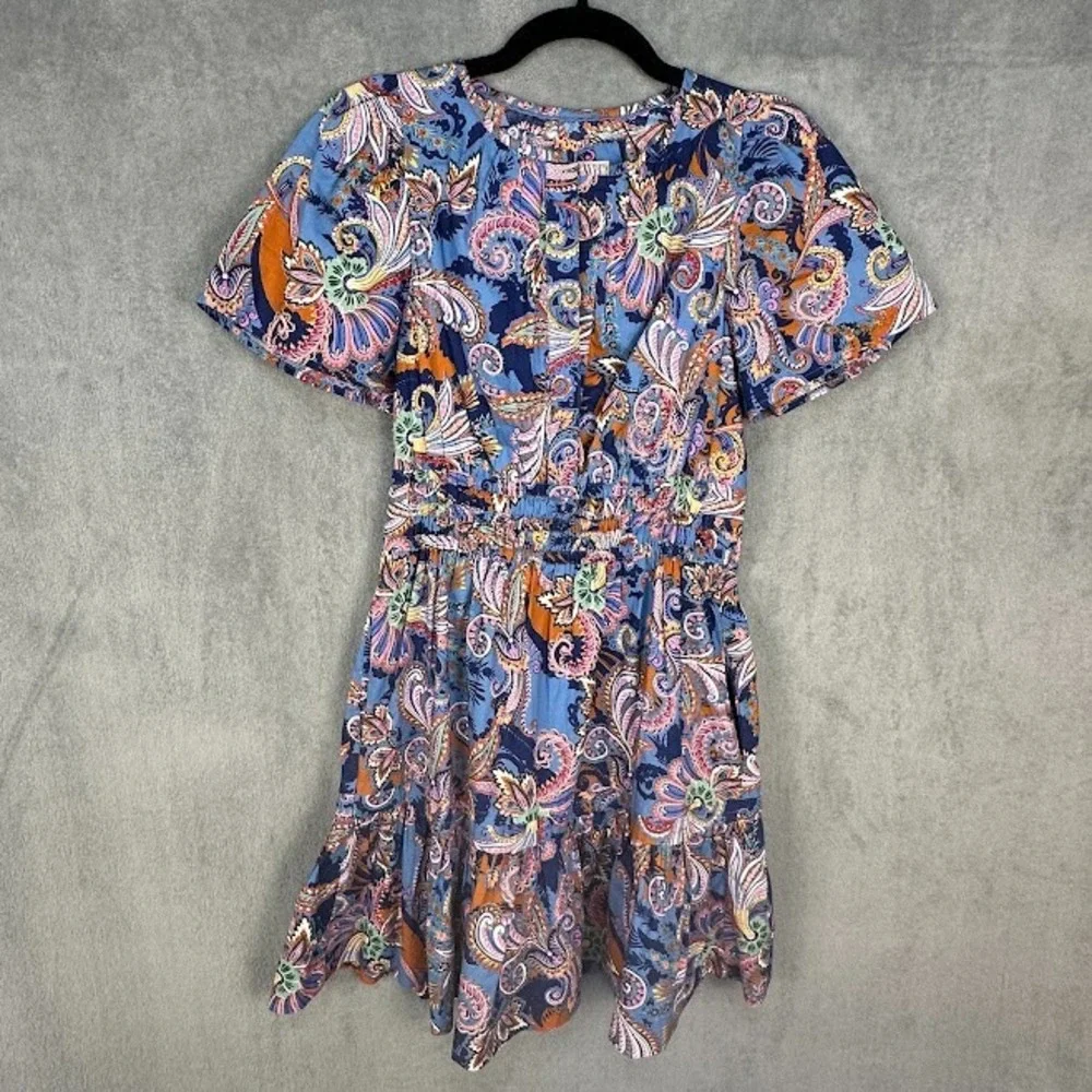 Anthropologie Somerset Dress Womens Extra Small Blue Paisley Short Sleeve V Neck